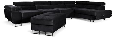 Aller Lang XL Modernes Design Ecksofa mit Schlaffunktion, Bettkasten in Ottomane, Hocker mit Stauraum – Tierfreundlicher Waterproof-Welvet, inkl. 2 runde Kissen, Ottomane rechts. (Schwarz)