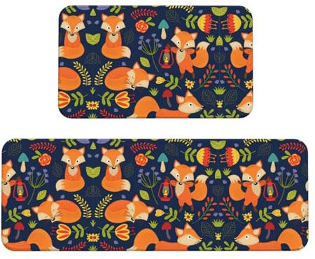 Fußmatte mit niedlichem Tier, Fuchs, Blume, Weihnachten, 2 Stück, rutschfeste Restaurant-Matte für Bodenmatte, Zuhause, rutschfeste Eingangsmatte