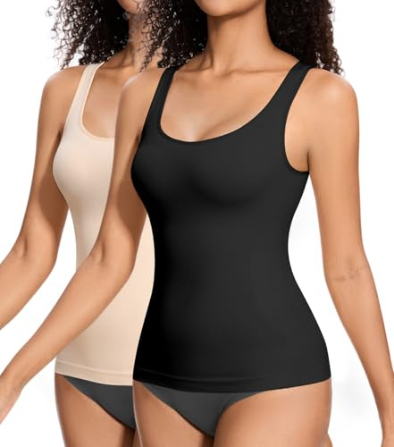 ONEW Canottiera compressiva da donna, modellante, con spalline larghe, confezione da 2 (nero + beige)