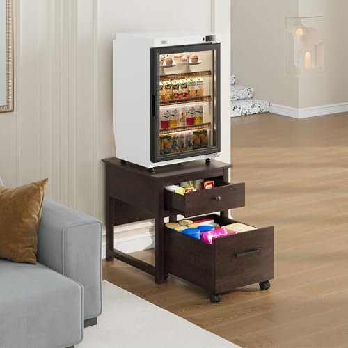 Rresyet Mini Fridge Stand with Movable Drawer, Heavy Duty Fridge Stand with Lockable Wheels, Storage Cabinet for Dorm, Kitchen, Living Room, Refrigerator Stand for Mini Fridge