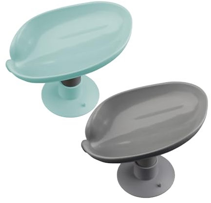 Bojueshaw 2pcs Leaf Shape Soap Holder,Self Draining Suction Cup Soap Dish,Angled Soap Saver Tray for Shower,Bathroom & Kitchen(Blue&Grey)