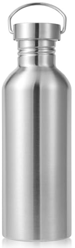 Volhoply 32oz Uninsulated Single Walled Water Bottle, Stainless Steel Reusable Water Bottles with Handle, BPA Free & Plastic Free 18/8 304 Metal Water Bottles for Camping, Hikers, Cyclists