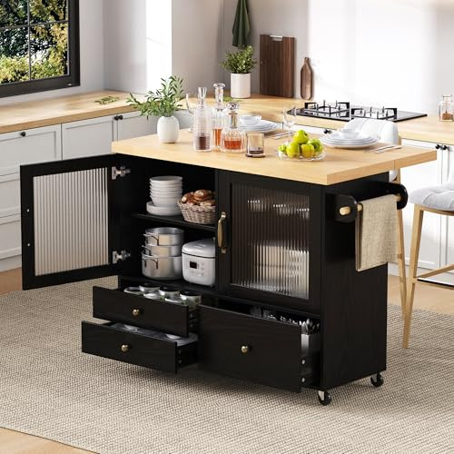 ilot central cuisine avec rangement et plan de travail,Desserte ilôt de Cuisine Multi rangements 3 tiroirs,Range-Bouteille,Meuble de Cuisine avec Plans de Travail Rabattable Desserte Cuisine,Noir