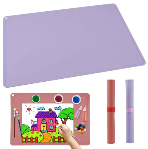 GEEKHOM 2 Stück Malunterlage für Kinder 60x40cm - Silikon Bastelunterlage Groß Silikonmatte für Malen, Harz, Sand Art - Antihaft & Waschbar, Schreibtischunterlage mit Erhöhten Kanten (Lila + Rosa)
