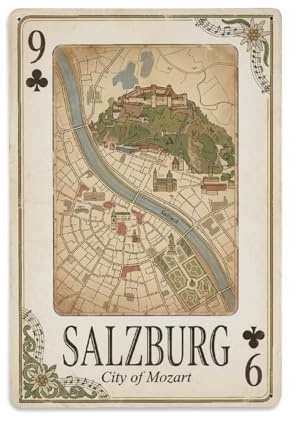 Metall-Blechschild mit Salzburger Mozart-Musik, Österreich, Vintage-Stil, Reisekarte, Karten-Stil, Wanddekoration für Café, Männerhöhle, Club-Bar, Büro, Zuhause, Garten, rundes Metallposter, 20,3 x