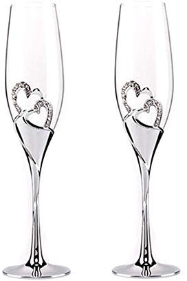DPWELL 2-Piece Creative Champagne Glass Set Elegant Wedding Gift Crystal Diamante Heart Decoration Toasting Champagne Flutes Cup Glasses Pair