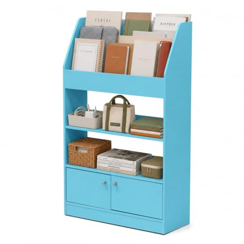 Furinno LOVA Bücherregal, Zeitschriftenregal, Bücherschrank mit Aufbewahrungsschrank, Aufbewahrungsorganizer, 24 x 62,4 x 110 cm, für Wohnzimmer, Schlafzimmer, Heimbüro, Hellblau