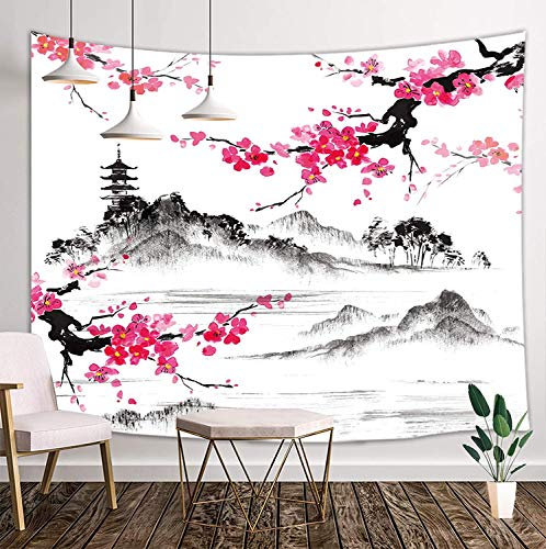 NYMB Japanischer Wandteppich, asiatischer Anime-Mount Fuji mit Kirschblüten, Sakura-Blume, Wandbehang für Wohnzimmer, Schlafzimmer, Schlafsaal-Dekor – schwarz-weißer Wandteppich, 203,2 x 152,4 cm