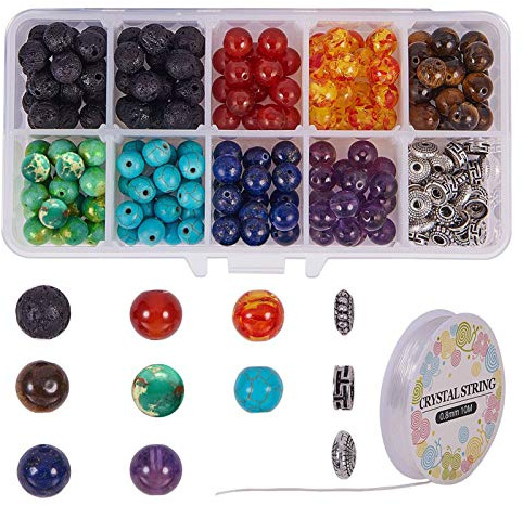 SUNNYCLUE 8mm Natürliche 7 Chakra Lava Stein Perlen Runde Lose Perlen Kit Spacer Perlen mit Kristallketten für ätherisches Öl Schmuckherstellung Perlen Zubehör Basteln Beads Zubehör Armbänder