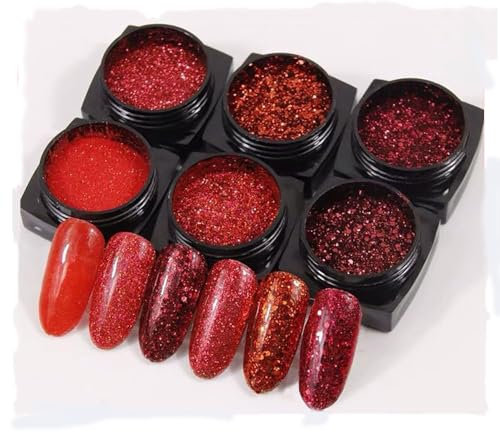 6Boxes Red Glitter Powder Nail Art Glitter Mirror Effect Chrome Pigment UV Gel Polish Shimmer Dip Dust Nail Art Decoration Nail Kit Chrome Powder for Nails (6boxes red Sugar Glitter)