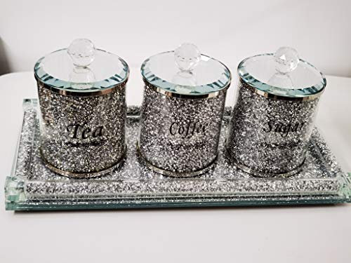 Biznest Set Of Diamond Crushed Tea Coffee Sugar Jars & Full Crushed Diamond Rectangle Tray Candle Holder 39X18Cm
