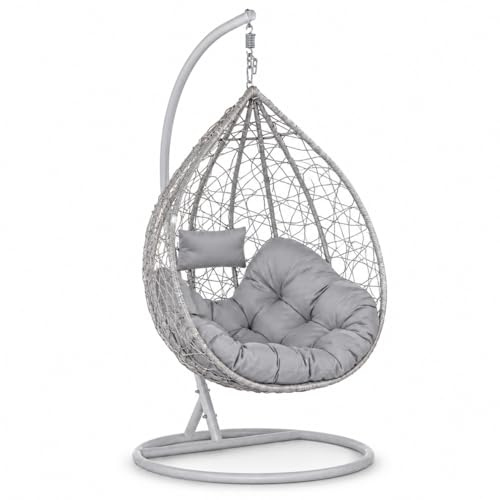 Estosa - Poltrona a Dondolo Sospesa da Giardino, Struttura in Ferro, Diametro 108cm, Altezza 198cm, Intrecciata in Fibra Sintetica, con Cuscini ed Imbottitura in Poliestere, Portata Massima 120kg