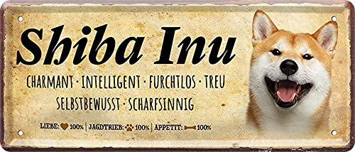 Lustiges Deko Hunde-Rassen Steckbrief Blech-Schild Blechschilder Dog (28 x 12 cm, Shiba Inu - Charmant Furchtlos Treu Scharfsinnig 1321)