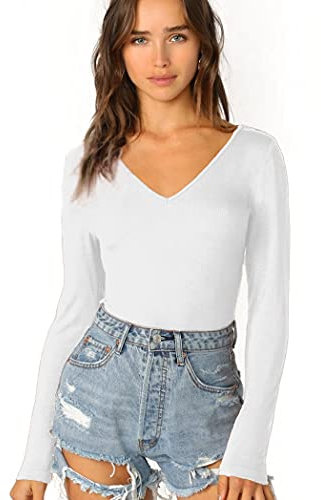 Women's Ladies Long Sleeve V Neck Basic Top Jersey Plain Stretchy Slim Fit Casual Wear T-Shirt Tee Tops 12-14 White