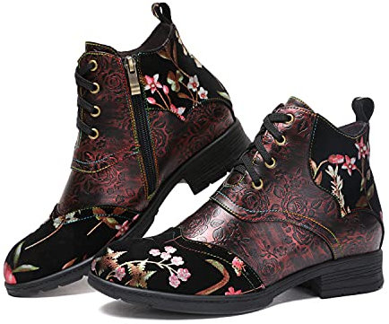 CrazycatZ Women's Leather Vintage Floral Ankle Boots, Walking Boots(Red Floral, Numeric_5)
