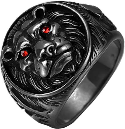 HIJONES Herren Edelstahl Löwenkopf Ring Gothic Biker Siegelringe Schwarz mit rotem Auge Größe 54
