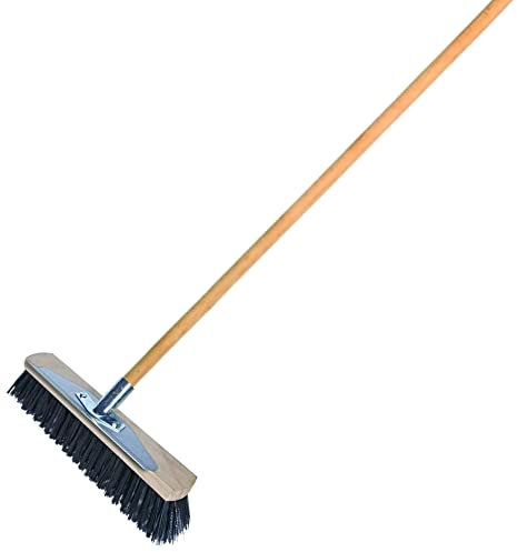 Heavy Duty Garden Broom Outdoor 40 cm / 15.5 in Stiff Hard Brush & Metal Scraper for Sweeping Stable, Yard, Garden & Decking with 115 cm Long Handle