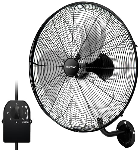 COSTWAY Ventilateur Mural Industriel Ø56 cm 120W 3 Vitesses, Ventilateur Domestique Pales en Aluminium Tête d'Inclinaison Réglable à 30° Oscillation à 85° pour Entrepôt Atelier (Noir)