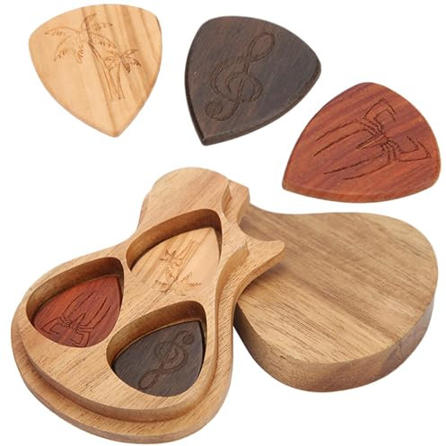 Gitarren Plektrumbox mit 3 Stück Plektrum, Gitarren Pick Box aus Holz als Geschenk für Gitarristen, Eingraviert Klassisches Gitarrenplektren Box für Geschenk Musikinstrument Bass Ukulele Zubehör
