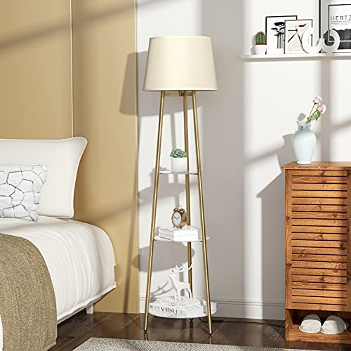 LUVODI Standing Floor Lamp with Shelves 3-Tier Tripod Standing Lamp with Lampshade Golden Frame Modern Faux Marble Display Shelf Reading Lamp for Living Room, Bedroom, Office. Plug in Powered