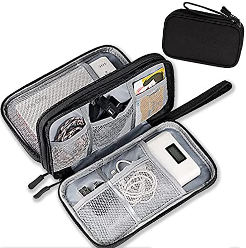 Cable Organiser Bag Airplane Travel Accessories Double-Layer Electronics Accessories Bag Organiser for Cables Travel Organiser for Power Bank Memory Card USB Drive Charger Hard Disk (Black)