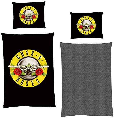 Guns N’ Roses Rock Bettwäsche Schwarz 135 cm x 200 cm + 80 cm x 80 cm 100% Baumwolle Renforcé-Linon-Qualität Sweet Child O' Mine November Rain Paradise City mit Reißverschluss deutsche Größe
