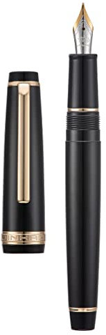 Jinhao 82 Black Acrylic Fountain Pen, Iridium Fine Nib Classic Design Smooth Writing Pen with Ink Converter (Gold Trim)