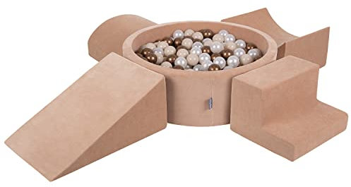 KiddyMoon Spielplatz Velvet Aus Schaumstoff Mit Samt Rund Bällebad (200 Bälle) + Version 5 Ballgruben Für Babys Spielbad, Hergestellt In EU, Pastellbeige/Kupferrot/Perle