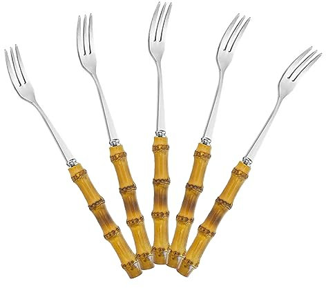 TAOMEINONG Premium Bamboo Utensils,Bamboo Cocktail Forks & Bamboo Appetizer Forks, Bamboo Silverware, Set of 5 Stainless Steel Forks Handcrafted Bamboo cutlery - Cocktail Picks