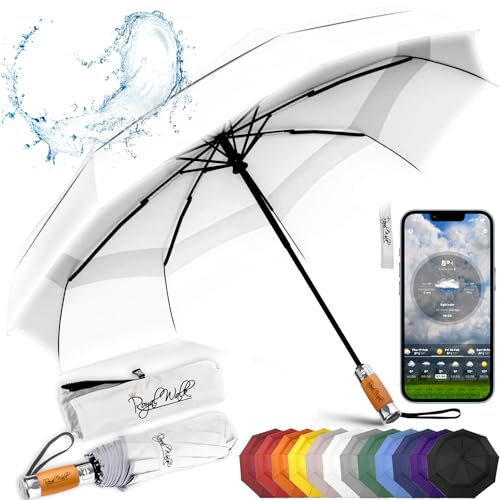 Royal Walk Regenschirm Taschenschirm Sturmfest Automatik Auf und Zu Winddichter Doppelverdeck Klein Stabil Schirm Reflektierend mit Luxuriösem Echtholzgriff für Damen und Herren Umbrella (Weiß)