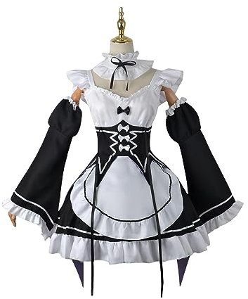 Luxetoys REM und RAM Anime Cosplay Kostüm Charakterkleidung Anzug Dienstmädchenuniform mit Perücken für Frauen und Anime Expo (Ramu Wig)