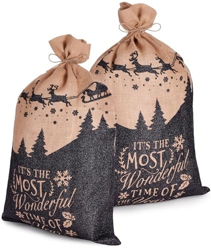 BRUBAKER Weihnachtssack Most Wonderful Time of the Year - 80 cm Geschenksack Weihnachten - Nikolaussack - 2 Säcke mit Kordel zum Verpacken - Weihnachtsmann mit Schlitten - Schwarz Braun