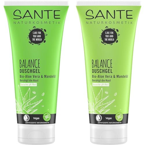 SANTE Naturkosmetik Balance Duschgel, für gesunde Säure-Basen der Haut, Vegan, mit Bio-Aloe und Mandelöl, 200ml (Packung mit 2)
