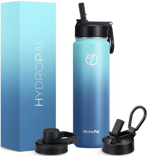HydroPal Edelstahl Trinkflasche - 750ml, 1L, 1,2L, BPA-Frei, Kohlensäure geeignet, Isolierte flasche mit Strohhalm & 2 Deckel, Auslaufsichere Isolierflasche für Sport (Himmelblau/Marineblau, 750 ml)