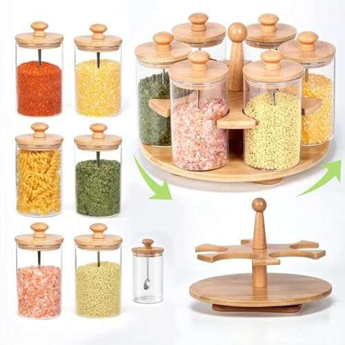 Moreau Étagère à épices rotative en acier inoxydable,Étagère à épices,Pour Rangement Epices Cuisine (D.6 Empty Jars Cadre en Bois)