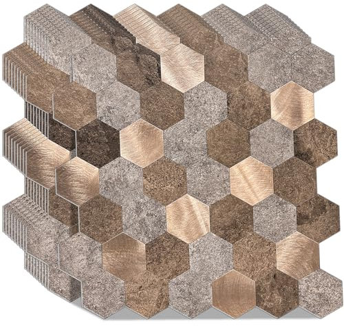WoStick Metal Stick on Tiles, 4mm Thickness Self Adhesive Wall Tiles, Super Stronger Peel and Stick Backsplash Tiles with Metal Brushed 10Sheets/Pack