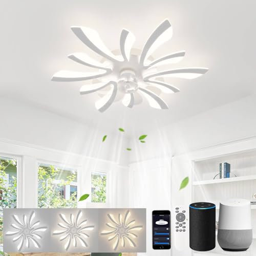 LJX Lampadario Ventilatore 78cm Ventilatore da Soffitto con Luce Compatibile Alexa Timer Silenzioso Reversibile Plafoniera Ventilatore per Camera da Letto Soggiorno, Bianco