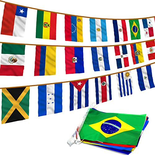 Anley Banderas de Hilo de 23 Países de América Latina-Banderas Latinas Surtidas para el Mes Hispano del Patrimonio Eventos Conferencias Decoración de Fiestas Barras Deportivas - 26 Pies 23 Banderas