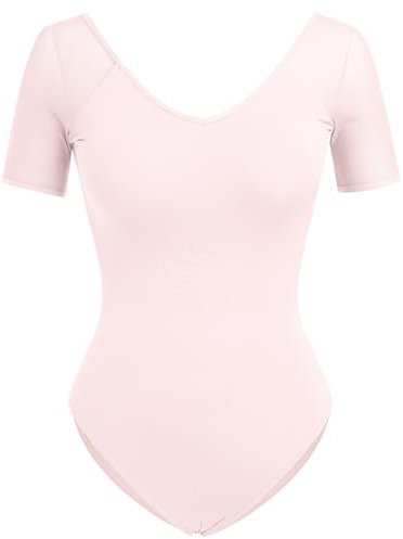 IMEKIS Damen Ballettanzug Kurzarm V-Ausschnitt Ballett Trikot Rückenfrei Gymnastik Tanzbody Top mit Abnehmbaren BH-Polster Einfarbig Gymnastikanzug Tanzbekleidung Rosa M