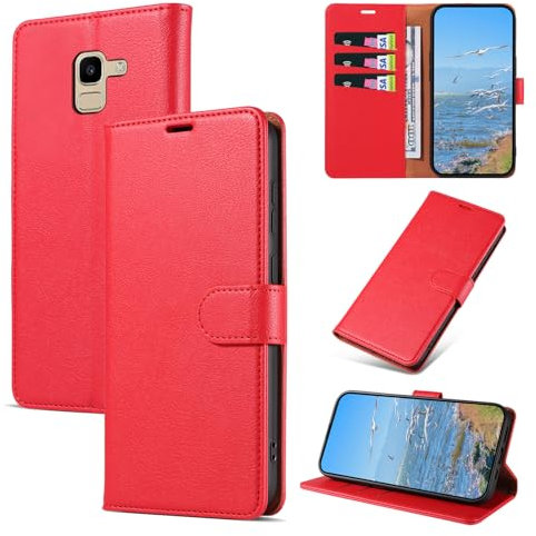 KKEIKO Coque pour Samsung Galaxy J6 2018, Antichoc Magnetique Étui à Rabat avec Porte Cartes, Portefeuille Housse en Cuir PU Coque pour Samsung J6 2018, Rouge