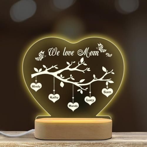 zouwii Veilleuse Avec Arbre Généalogique Avec Noms De Famille – Cadeaux De Noël Pour Maman, Grand-Mère, Lampe LED En Acrylique Avec Noms D'enfants Personnalisés, Veilleuse Pour Grands-Parents, Cadeau