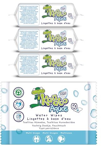 Kandoo Aquas 99% Water Based Flushable Moist Toilet Wipes, 4 x 60 Wipes (Total 240), Biodegradable, Plastic Free, Wet Toilet Tissues for Toddlers, 0% Perfume, Multipack