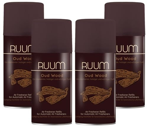 RUUM Lufterfrischer Nachfüller 4er Pack Oud Wood - Duft Nachfüller kompatibel mit Air Wick Freshmatic, Glade Brise - 4x 250 ml Duftspray für Geruchsneutralisierung & Frische