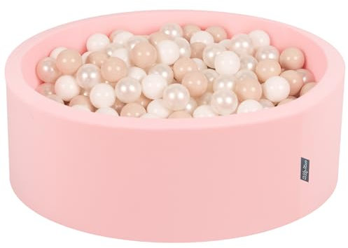KiddyMoon Bällebad 90X30cm/300 Bälle ∅ 7Cm Bällepool Mit Bunten Bällen Für Babys Kinder Rund, Pink:Pastellbeige/Weiß/Perle