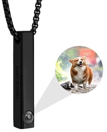 Personalisierte Foto Projektion Halskette Benutzerdefinierte Gravierbar Name/Text Vertikale Balken Halskette Anhänger mit Bild im Inneren, Personalisierte Schmuck Geschenk für Männer Frauen (Schwarz)