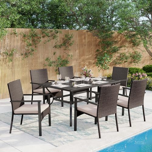 MFSTUDIO Rattan Gartenmöbel Set, Terassenmöbel Außen, Rechteckiger Gartentisch mit Verstellbarem Schirmloch(4-5cm), Polyrattan Sitzgruppe Wetterfest
