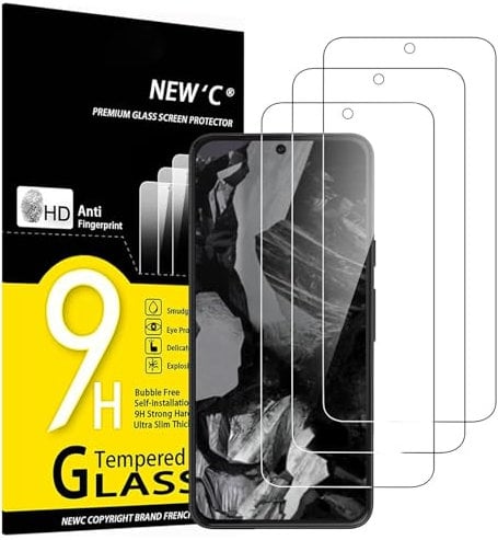 NEW'C 3 Piezas, Protector Pantalla para Google Pixel 8A, Cristal templado Antiarañazos, Antihuellas, Sin Burbujas, Dureza 9H, 0.33 mm Ultra Transparente, Ultra Resistente