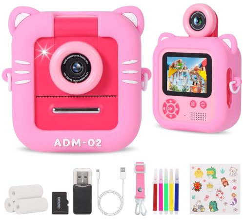 Camara Fotos Infantil Instantanea, ZUEOKAI 2.4 con Lente Giratoria 180° y 3 Papeles de Impresión, Tarjeta de 32GB y Funda de Silicona, Cumpleaños para Niño Niña de 3 a 10 Años