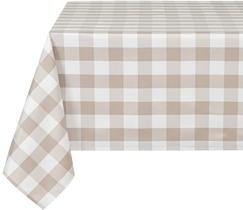 DWCN Karierte Tischdecke Outdoor Tischdecke Abwaschbar Wetterfest Fleckschutz Wasserdicht Garten tischdecken für Draußen Picknick Esszimmer Festival Party Hochzeiten, Khaki und Weiß, 135x180cm