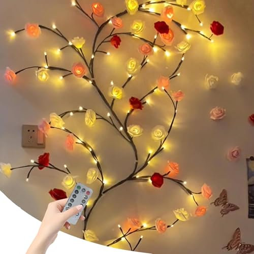LED Tree Branch Lights for Wall Rose Lights Vine Lights with Remote and 8 Lighting Modes Valentine's Day Rose Blossom Lights Rose Garland Willow Vine for Bedroom Indoor Wall Wedding Decor